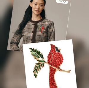 Anthropologie Sparkling Cardinal Bird Brooch Pin Scarf Jacket Hat Bag Charm Nwot